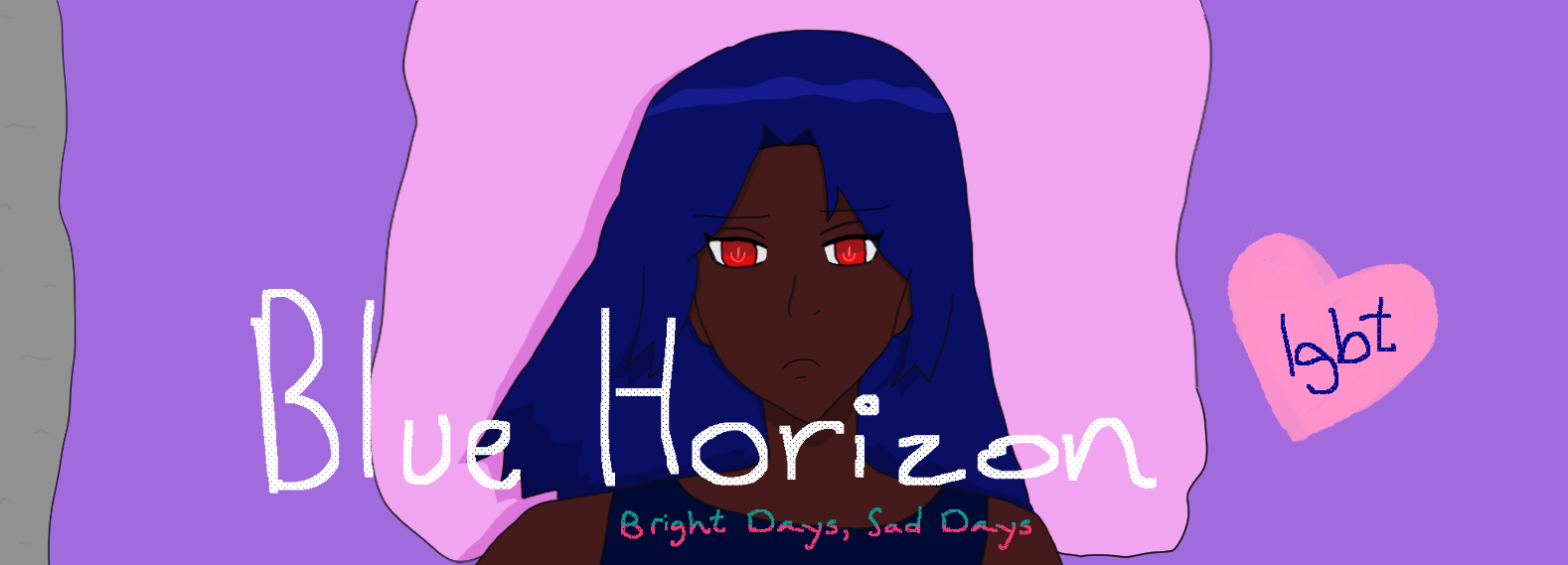 An anxious-looking Antonio with a pouty frown staring at the ceiling while lying in a lavender sheet-covered bed, head atop a pink pillow. He has dark blue hair like waves and dark brown skin, and his eyes are a glowing supernatural red. He wears a blue tanktop. It says 'Blue Horizon: Bright Days, Sad Days' and LGBT in a heart.